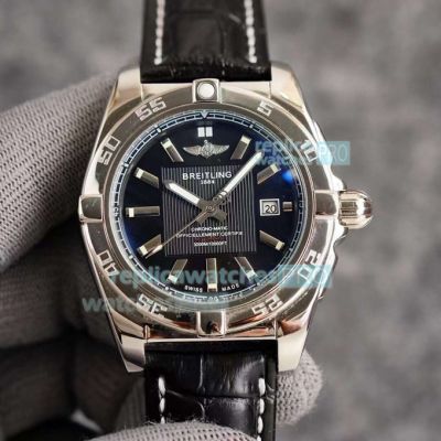 Copy Breitling Chronomat 01 43MM Watch SS Black Dial Black Leather Strap